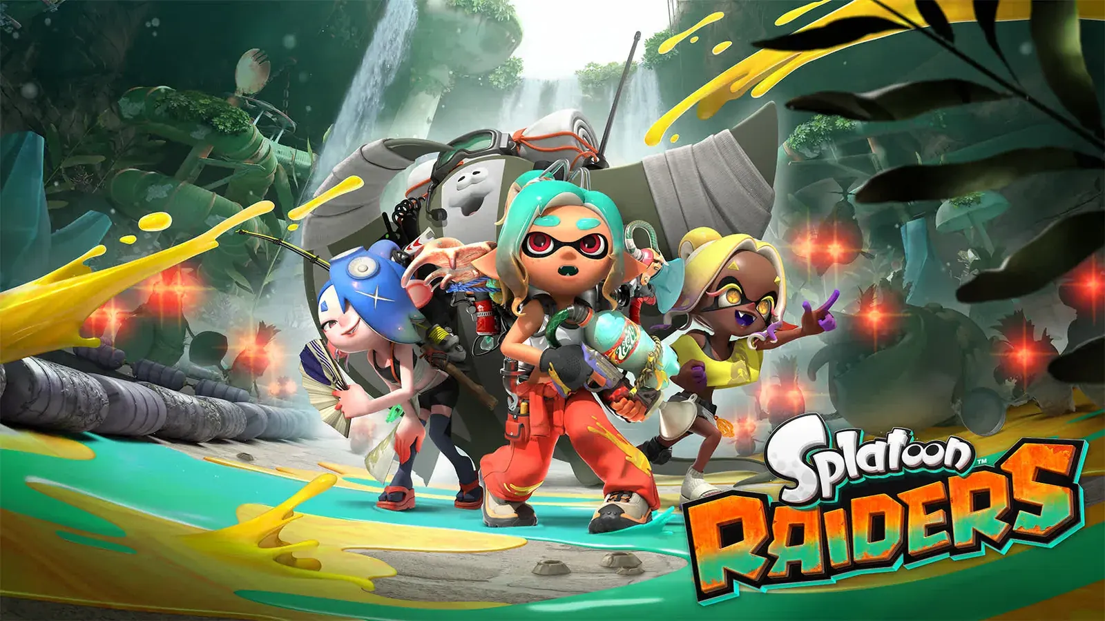 Splatoon Raiders action on the Spirhalite Islands — the Mechanic exploring with a tank and gadgets